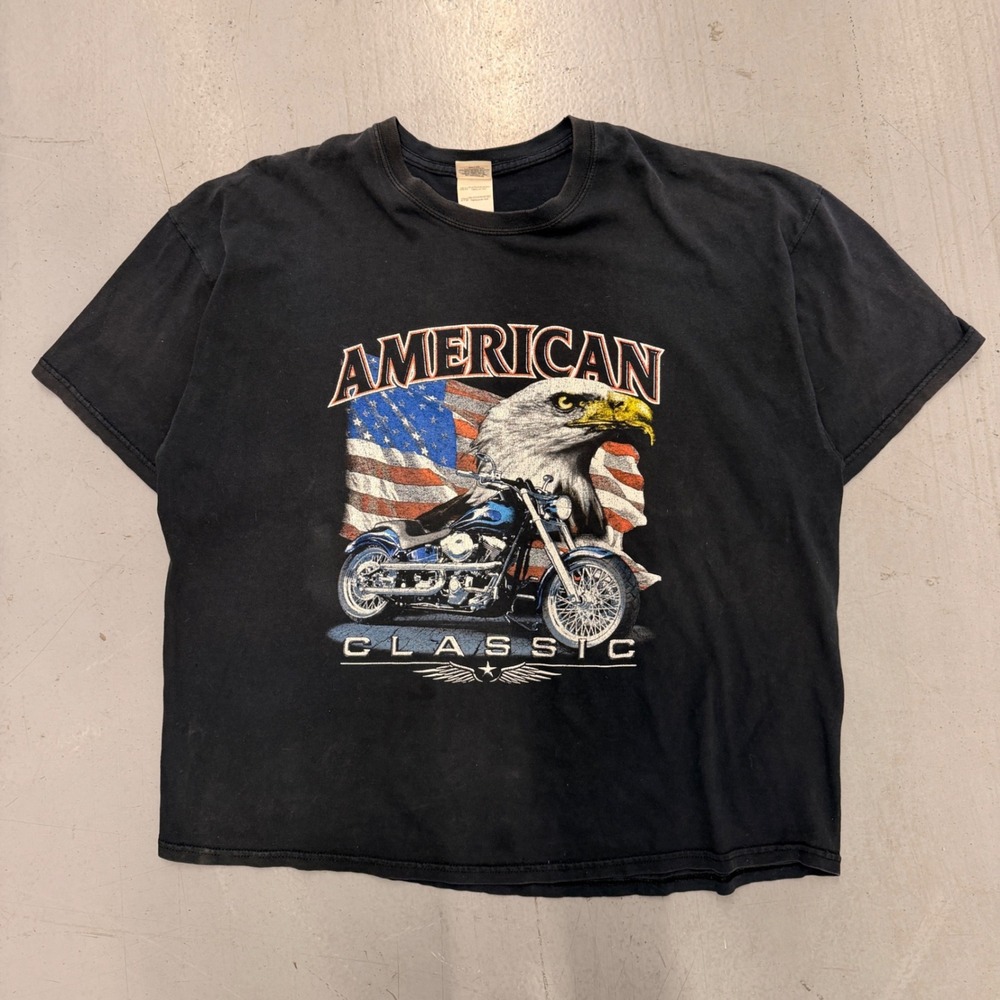 Gildan Mens 2XL American Classic Motorcycle‎ Eagle Flag Graphic T-Shirt Black